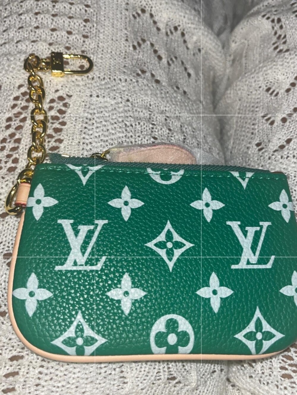 Tommy Hilfiger Green Mini Pouch with White Monogram and Pink Trim